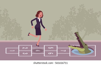 Young carefree businesswoman playing hopscotch, jumping unaware of danger in front of her, unable to escape the problem awaiting, unrealistic with goals, soon breaking down, company merger or takeover