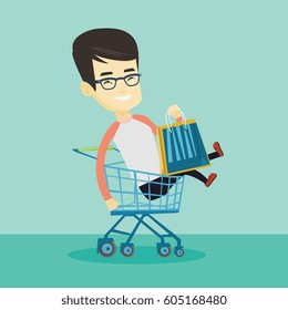 Joven cliente despreocupado que se divierte mientras viaja en tranvía de compras. Alegre cliente asiático con muchas bolsas de compras sentados en el tranvía de la compra. Ilustración de diseño plana vectorial. Diseño cuadrado.
