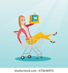 Young carefree customer having fun while riding in shopping trolley. Cheerful caucasian woman with a lot of shopping bags sitting in a shopping trolley. Vector flat design illustration. Square layout.