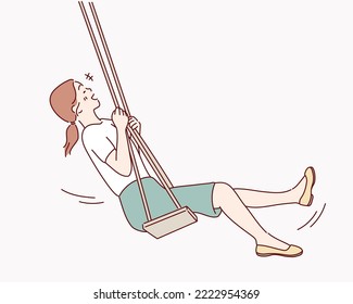 Young carefree girl swinging on a wooden swing. Hand drawn style vector design illustrations.