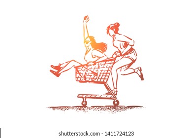 Young carefree girlfriends having fun, happy friends in summer clothes ride in shop cart, trolley, female friendship. Carefree pastime, seasonal shopping concept sketch. Hand drawn vector illustration