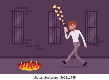 Young carefree happy man walking down the street, looking at the screen of his phone, sending likes, unaware of pit with fire in front, getting hurt while texting, mobile distraction, unseen path