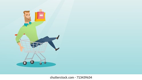 Joven hombre despreocupado divirtiéndose mientras monta en un tranvía de compras. Alegre hombre caucásico con muchas bolsas de compras sentados en un tranvía de compras. Ilustración de diseño plana vectorial. Diseño horizontal.