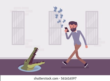 Young Carefree Man Looking At The Screen Of His Phone, Walking Across Streets With Eyes Glued To Mobile Devices, Distracted Walking, Unsafe And Unalert, Pit With Crocodile In Front