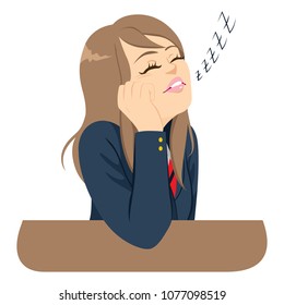 Young carefree student girl sleeping bored at classroom