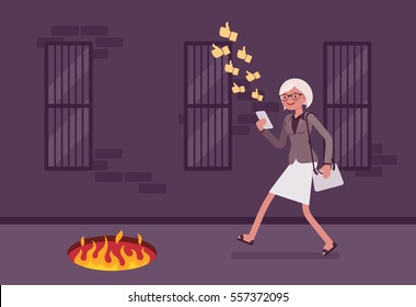 Young carefree woman walking down the street, looking at the screen of her phone, sending likes, unaware of pit with fire in front, getting hurt while texting, mobile distraction, unseen path