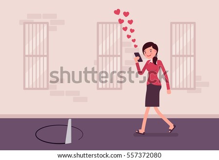 Young carefree woman walking down the street, looking at the screen of her phone unseen a pit in front, distracted pedestrian, accident casued by mobile device, addicted mobile user, sending likes