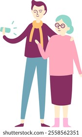 Young caregiver showing smartphone to elderly woman with arm around her shoulder, representing the bond between generations and the sharing of new technologies