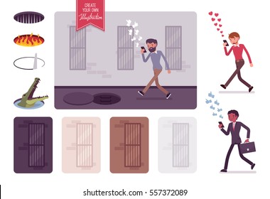 Young Careless Man Walking Down The Street, Looking At The Screen Of His Phone, Sending Likes, Distracted, Unaware Of Danger In Front, Risk Of Injury, Unsafe And Addicited. Build Your Own Illustration