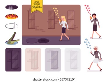 Young Careless Woman Walking Down The Street, Looking At The Screen Of Phone, Sending Likes, Distracted, Unaware Of Danger In Front, Risk Of Injury, Unsafe And Addicited. Build Your Own Illustration