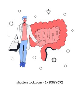 young caring doctor in glasses and a medical coat stands near the intestines, points to it and smiles. Background - viruses and other hostile environment. Minimal cartoon style