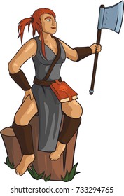 Young carpenter girl with massive axe on white background