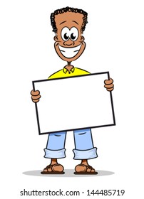 A young cartoon Afro American guy holding a blank notice board