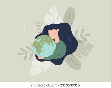 Young cartoon beautiful woman with long hair hugging the planet. Vector isolated design element in flat style, Concept of mother earth and conservation of nature.