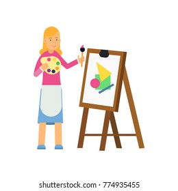 Young cartoon blonde woman character painting on canvas. Vector flat design illustration isolated on white background.