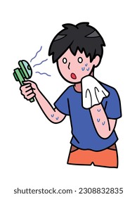 Young cartoon boy with blue shirt is feeling hot from hot temperature while holding hand fan and wiping sweat vector illustration. Simple flat outlined cartoon art style.