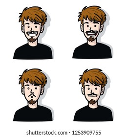 Young cartoon Boy with brown hair with different facial expressions. Vector cartoon character, grinning, laughing, amazed and neutral with white background isolated.