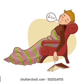 Young cartoon boy falling asleep in armchair during reading, vector image, eps10