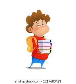 Young cartoon boy holds heavy stack of school books. Vector