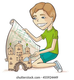 Young Cartoon Boy Making Sand Castle.