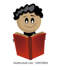 a young cartoon boy reading a red book