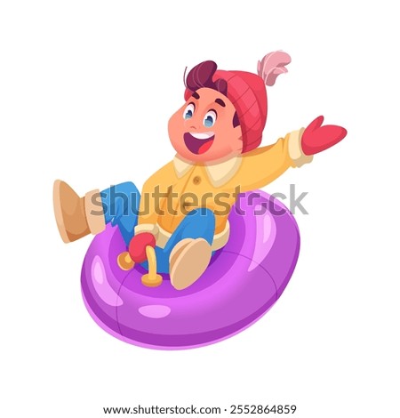 Young cartoon boy in winter clothes riding on air donut or sled