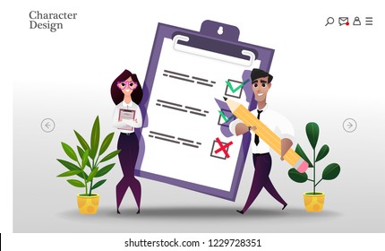 Young cartoon business man with a giant big pencil on his shoulder nearby marked checklist on a clipboard paper. Successful and unsuccessful completion of tasks. Business planning concept on white