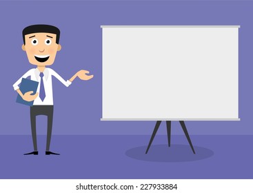 Young cartoon businessman character with empty board