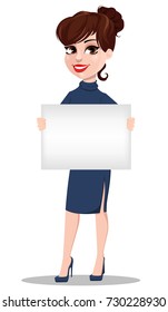 Young cartoon businesswoman. Beautiful lady holding blank placard. Fashionable modern business woman. Vector illustration