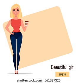 Young cartoon businesswoman with coffee, wearing a free dress style. Beautiful girl having a rest while coffee break. Beautiful business woman. Fashionable modern lady. Vector illustration. EPS10