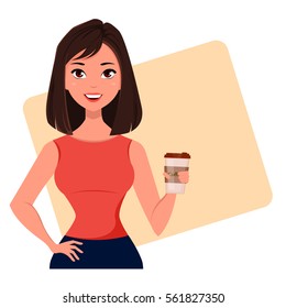 Young cartoon businesswoman with coffee, wearing a free dress style. Beautiful brunette girl having a rest while coffee break. Beautiful business woman. Fashionable modern lady. Vector illustration.