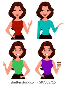 Young cartoon businesswoman dressed in office clothes showing different gestures. Beautiful brunette girl. Set. Fashionable modern lady.  Business woman vector illustration. EPS10