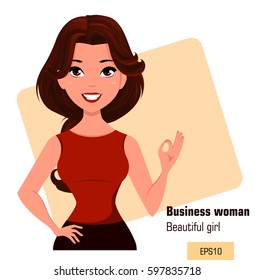 Young cartoon businesswoman dressed in office clothes showing OK gesture. Beautiful brunette girl. Fashionable modern lady. Business woman  Vector illustration. EPS10