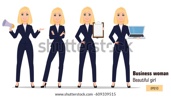 Young Cartoon Businesswoman Set Beautiful Blonde เวกเตอร์สต็อก ปลอดค่าลิขสิทธิ์ 609339515