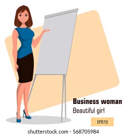 Young cartoon businesswoman standing near office board making presentation. Beautiful girl presenting business plan, startup. Fashionable modern lady. Vector illustration. EPS10