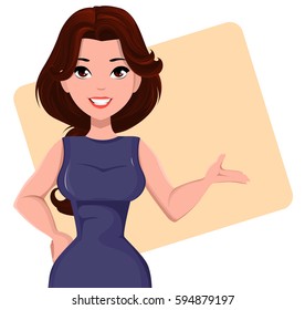 Young cartoon businesswoman wearing nice dress. Fashionable brown-haired modern lady. Beautiful girl presenting business plan, startup. Business woman Vector illustration. EPS10