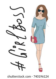 Young cartoon businesswoman wearing nice dress. Fashionable brown-haired modern lady. Beautiful girl presenting business plan, startup. Business woman Vector illustration. EPS10