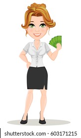 Young Cartoon Businesswomen. Beautiful Smiling Girl In Working Situation. Fashionable Modern Lady Holding Money. Business Women Vector Illustration. EPS10