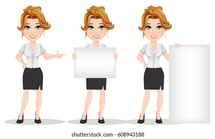 Young cartoon businesswomen. Set. Beautiful smiling girl in working situations. Fashionable modern lady making pointing gesture, holding banner and standing near banner. Vector illustration. EPS10