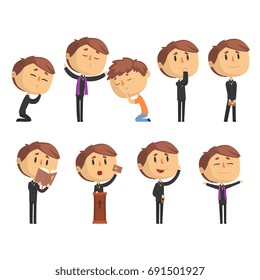 Young cartoon catholic priest reading prayer, blessing parishioners, holding Cross, Bible and Gospel set of vector Illustrations