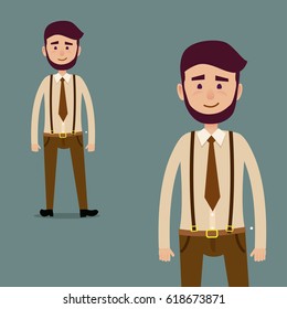 Young cartoon character with beard in brown tie and trousers with suspenders isolated on dark blue background. Man in hipster clothing and with smile in full-length and cropped vector illustration.