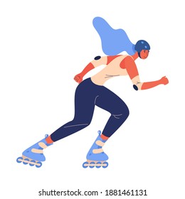 Young cartoon character drawn in vibrant blue and orange riding roller skates isolated on white background