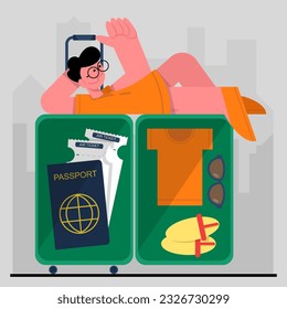 Young cartoon character lying on open trolley bag with clothes, passport and tickets inside. Travel equipment and luggage. Adventure tourists and travelers. Vector flat illustration