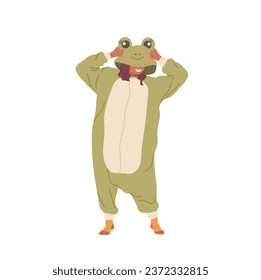 Young cartoon character wearing frog kigurumi pajamas with hood on head standing isolated on white