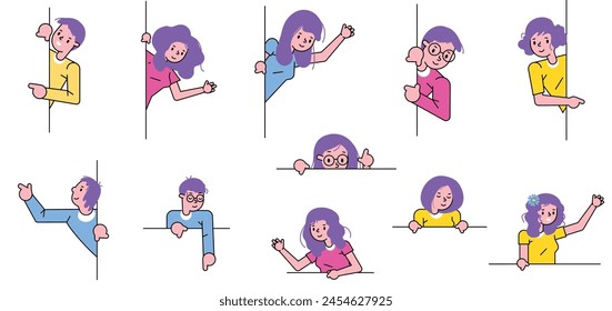 Young cartoon characters playing peekaboo, hiding behind lines, colorful joyful illustrations. Vibrant cartoon people engaging playful activities, peering around corners bright expressions. Flat