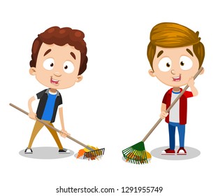 Young cartoon children helping with cleaning leaves outdoors. Cute boys with rakes vector illustration. Childhood and cleaning concept. Isolated on white background