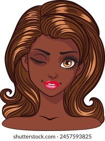 Young cartoon dark skinned woman with big eyes, long eyelashes and dark brown hair winking. Expressive girl, female avatar.