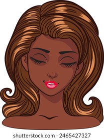 Young cartoon dark skinned woman with big closed eyes, long eyelashes and dark brown hair. Expressive girl, female avatar.