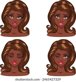 Young cartoon dark skinned woman with big brown eyes and dark brown hair. Expressive girl, female avatar.