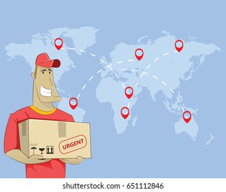 Young cartoon delivery courier carrying cardboard box on the background of world map. Vector illustration.